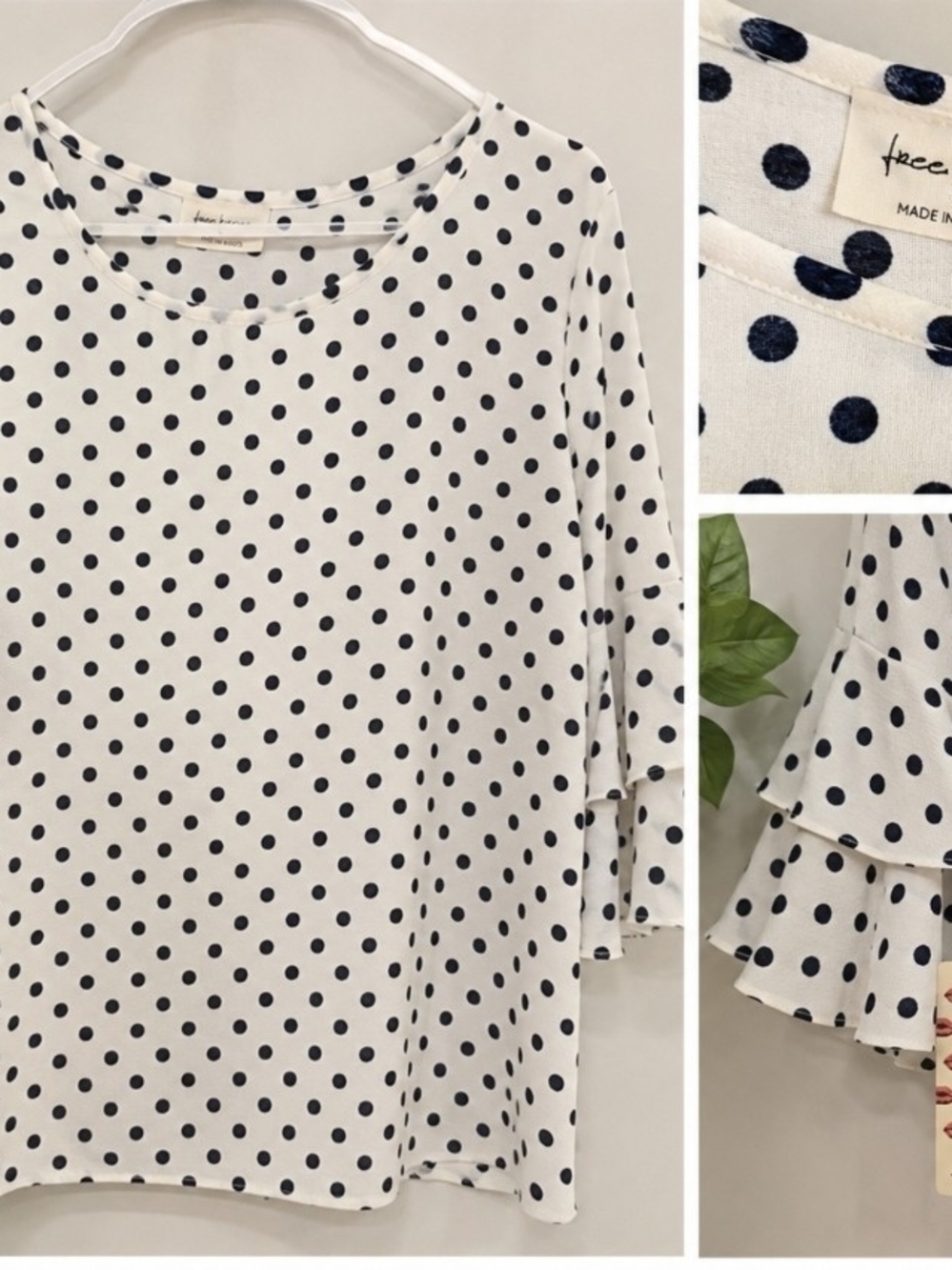 Face Kisses  White Blouse with Navy Polka Dots